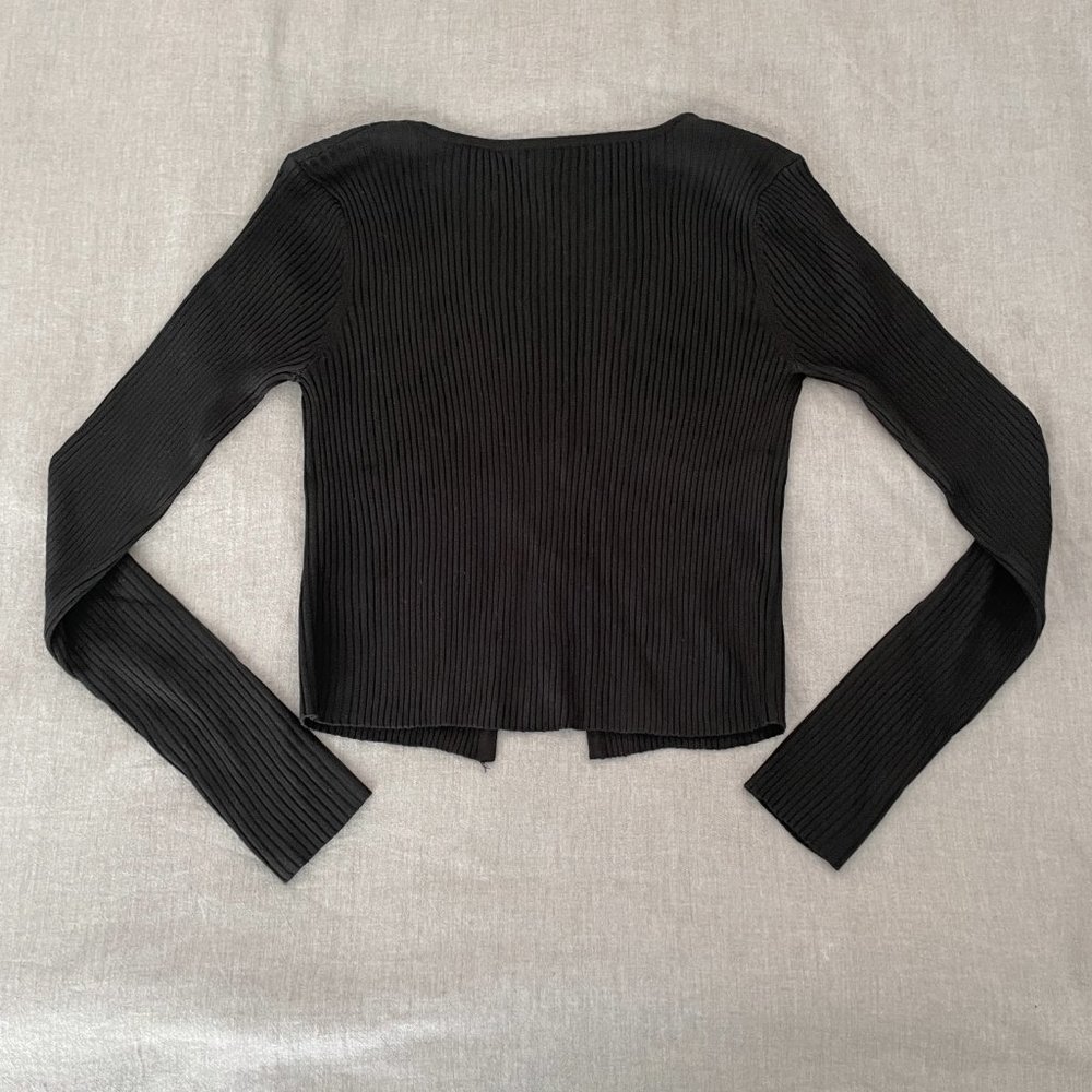 Tie-Front Sweater Rib Knit Cropped Black Cardigan | Love Tree - Picture 3 of 5